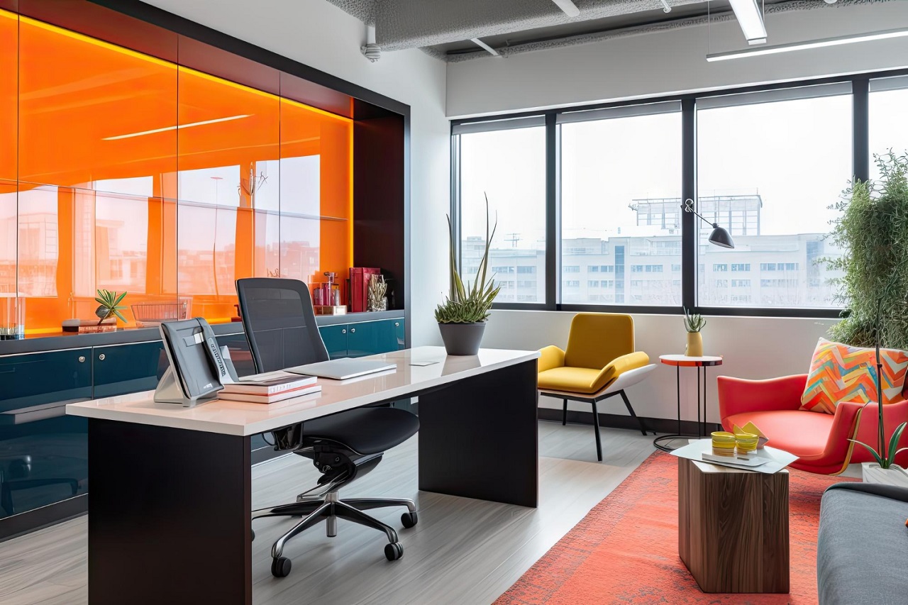 Oficina con muebles elegantes y modernos con toques de color e iluminación natural
